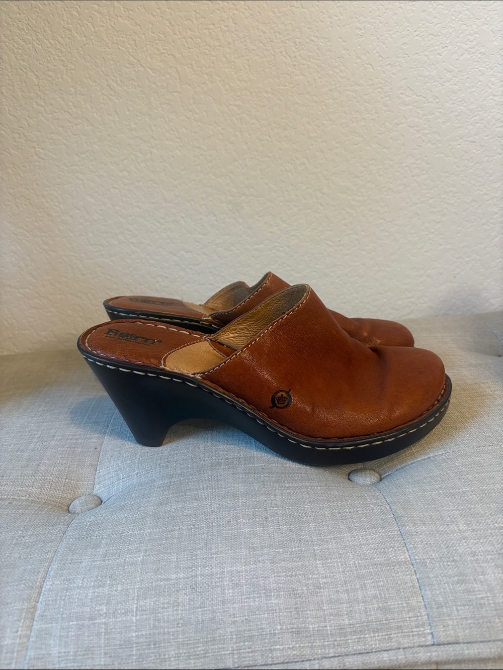 Born Cognac Leather Clog Mules with dark brown Heel 9